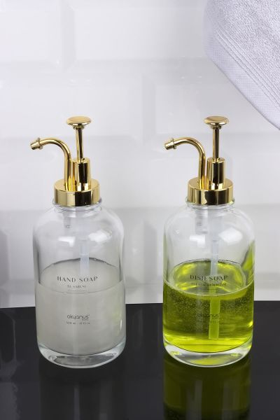 Okyanus Home Altın Pompalı İkili Yuvarlak Cam Sıvı Sabunluk 500ml