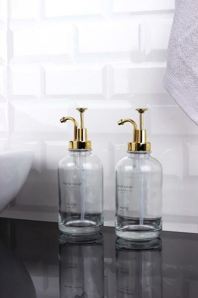 Okyanus Home Altın Pompalı İkili Yuvarlak Cam Sıvı Sabunluk 500ml