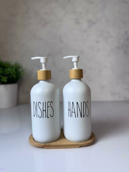 Okyanus Home Bambu Standlı İkili Beyaz Cam Sıvı Sabunluk 500ml