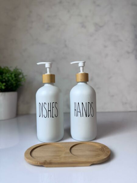 Okyanus Home Bambu Standlı İkili Beyaz Cam Sıvı Sabunluk 500ml
