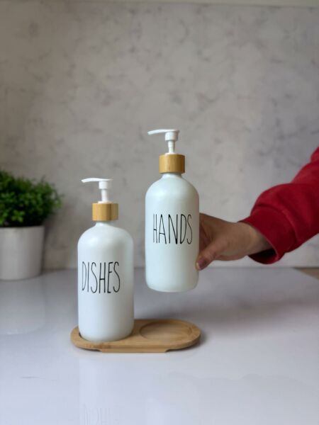 Okyanus Home Bambu Standlı İkili Beyaz Cam Sıvı Sabunluk 500ml
