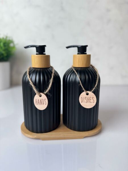 Okyanus Home Bambu Stantlı Kolyeli Siyah Cam Sıvı Sabunluk Seti 500ml