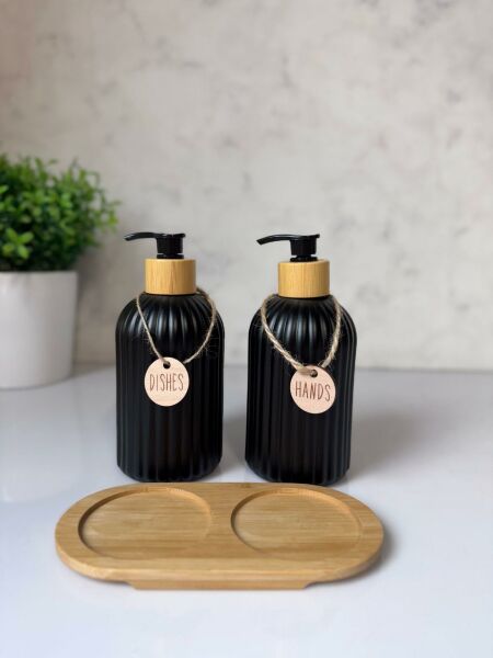 Okyanus Home Bambu Stantlı Kolyeli Siyah Cam Sıvı Sabunluk Seti 500ml