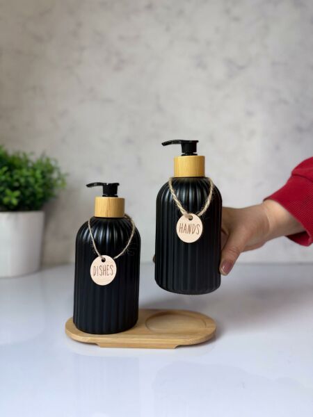 Okyanus Home Bambu Stantlı Kolyeli Siyah Cam Sıvı Sabunluk Seti 500ml