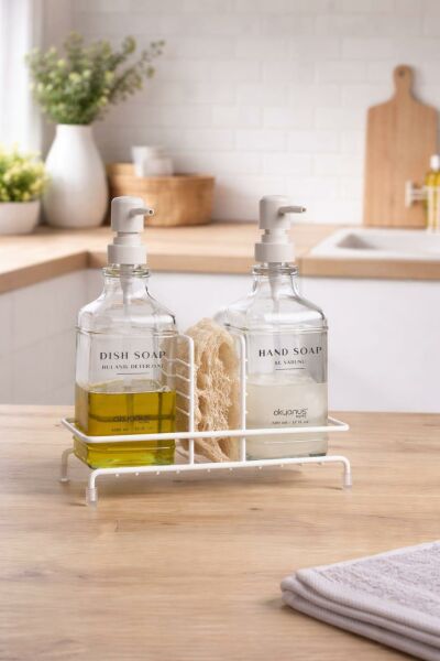 Okyanus Home Beyaz Pompalı ve Standlı İkili Kare Cam Sıvı sabunluk 500ml