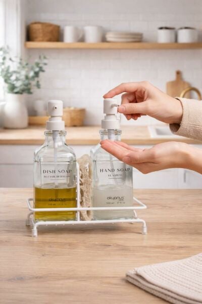 Okyanus Home Beyaz Pompalı ve Standlı İkili Kare Cam Sıvı sabunluk 500ml