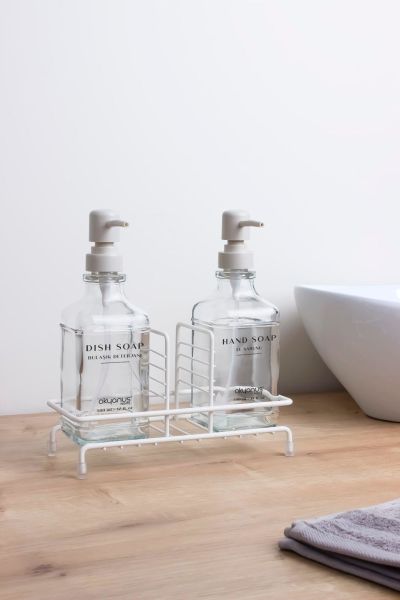 Okyanus Home Beyaz Pompalı ve Standlı İkili Kare Cam Sıvı sabunluk 500ml