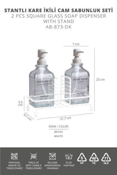 Okyanus Home Beyaz Pompalı ve Standlı İkili Kare Cam Sıvı sabunluk 500ml
