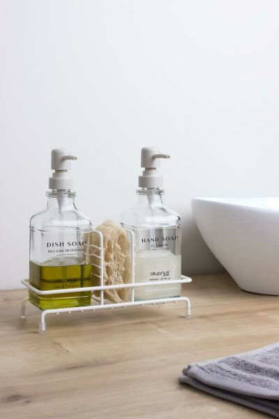 Okyanus Home Beyaz Pompalı ve Standlı İkili Kare Cam Sıvı sabunluk 500ml