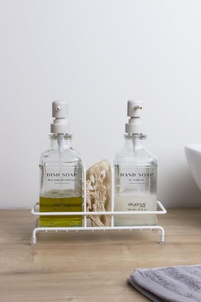 Okyanus Home Beyaz Pompalı ve Standlı İkili Kare Cam Sıvı sabunluk 500ml