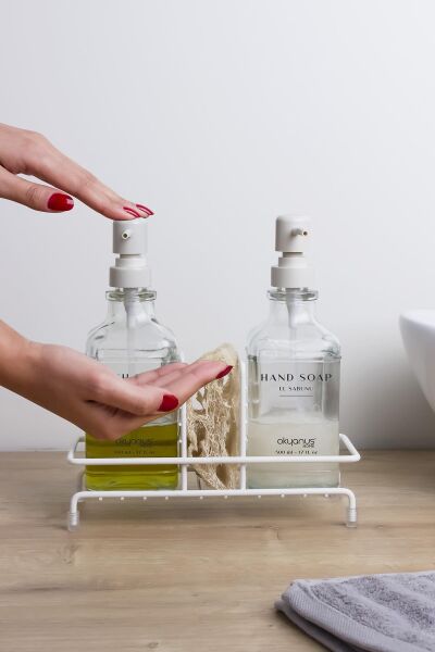 Okyanus Home Beyaz Pompalı ve Standlı İkili Kare Cam Sıvı sabunluk 500ml