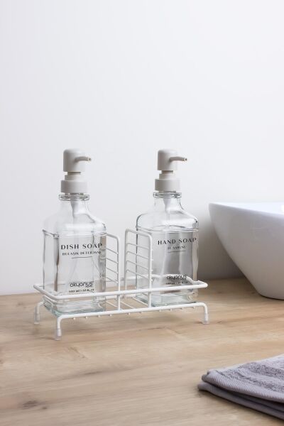 Okyanus Home Beyaz Pompalı ve Standlı İkili Kare Cam Sıvı sabunluk 500ml