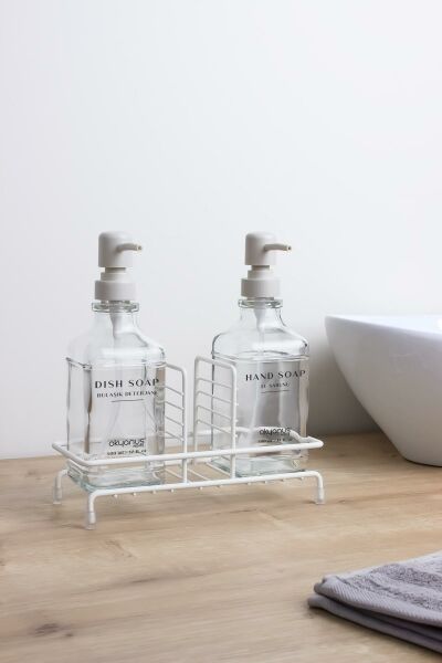 Okyanus Home Beyaz Pompalı ve Standlı İkili Kare Cam Sıvı sabunluk 500ml