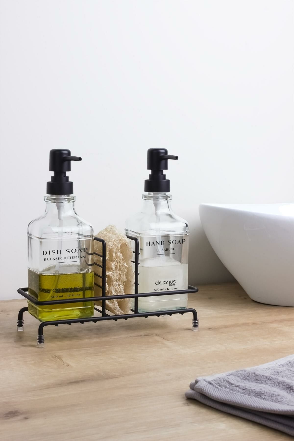 Okyanus Home Siyah Pompalı ve Standlı İkili Kare Cam Sıvı sabunluk 500ml