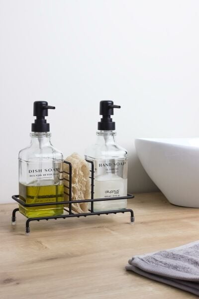 Okyanus Home Siyah Pompalı ve Standlı İkili Kare Cam Sıvı sabunluk 500ml