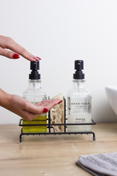 Okyanus Home Siyah Pompalı ve Standlı İkili Kare Cam Sıvı sabunluk 500ml