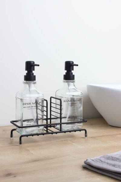 Okyanus Home Siyah Pompalı ve Standlı İkili Kare Cam Sıvı sabunluk 500ml