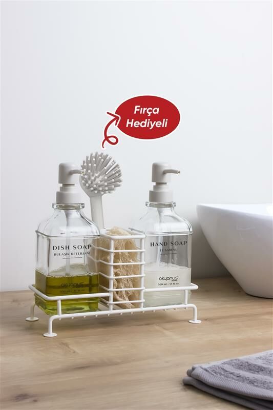 Okyanus Home Beyaz Pompalı Fırçalı ve Standlı İkili Kare Cam Sıvı Sabunluk 500ml