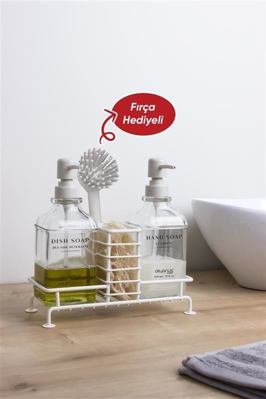 Okyanus Home Beyaz Pompalı Fırçalı ve Standlı İkili Kare Cam Sıvı Sabunluk 500ml