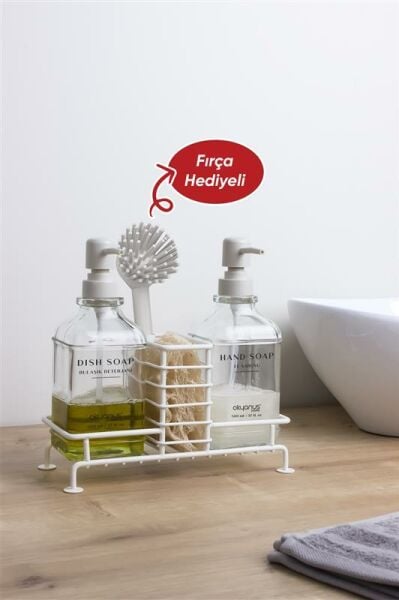 Okyanus Home Beyaz Pompalı Fırçalı ve Standlı İkili Kare Cam Sıvı Sabunluk 500ml