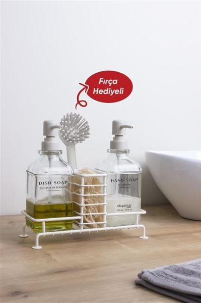Okyanus Home Beyaz Pompalı Fırçalı ve Standlı İkili Kare Cam Sıvı Sabunluk 500ml