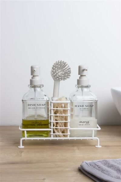 Okyanus Home Beyaz Pompalı Fırçalı ve Standlı İkili Kare Cam Sıvı Sabunluk 500ml