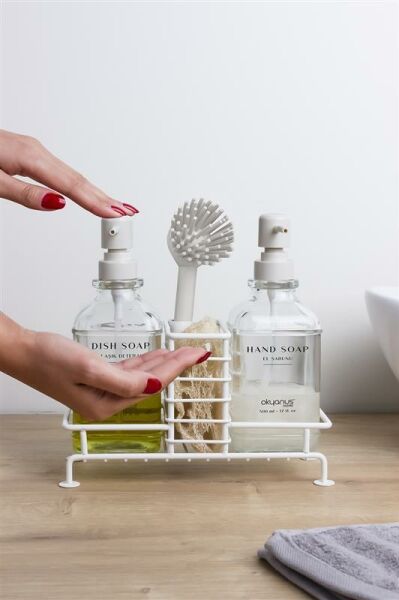 Okyanus Home Beyaz Pompalı Fırçalı ve Standlı İkili Kare Cam Sıvı Sabunluk 500ml