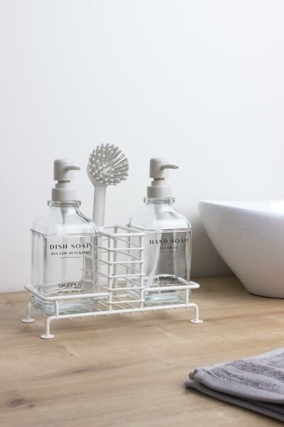 Okyanus Home Beyaz Pompalı Fırçalı ve Standlı İkili Kare Cam Sıvı Sabunluk 500ml