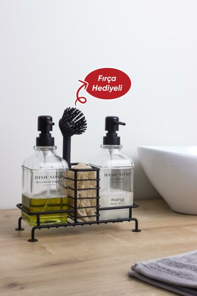 Okyanus Home Siyah Pompalı Fırçalı ve Standlı İkili Kare Cam Sıvı Sabunluk 500ml