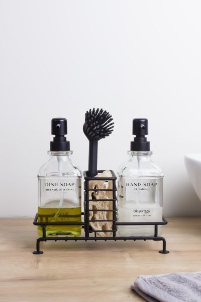 Okyanus Home Siyah Pompalı Fırçalı ve Standlı İkili Kare Cam Sıvı Sabunluk 500ml