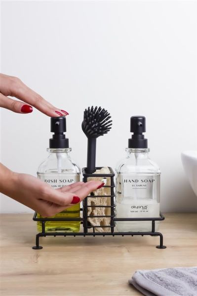 Okyanus Home Siyah Pompalı Fırçalı ve Standlı İkili Kare Cam Sıvı Sabunluk 500ml