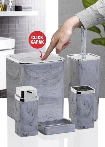 Okyanus Home Kromlu Kare Mermer Desenli 5'li Banyo Seti