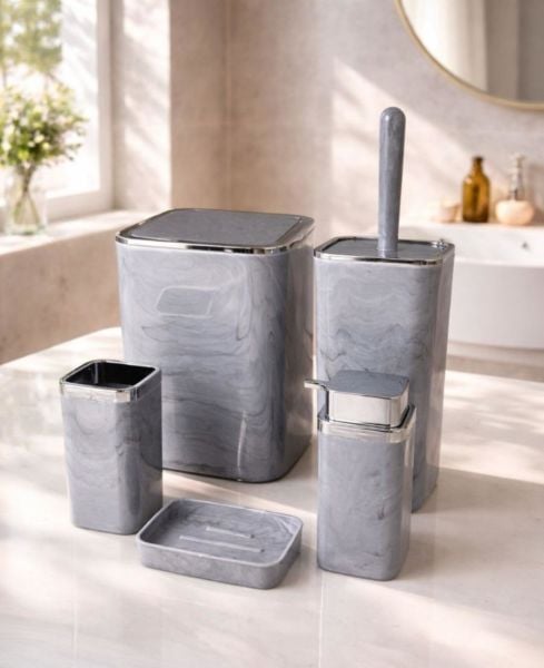 Okyanus Home Kromlu Kare Mermer Desenli 5'li Banyo Seti