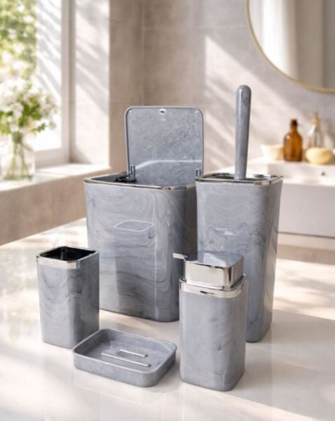 Okyanus Home Kromlu Kare Mermer Desenli 5'li Banyo Seti