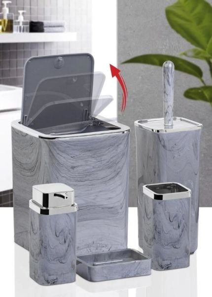 Okyanus Home Kromlu Kare Mermer Desenli 5'li Banyo Seti