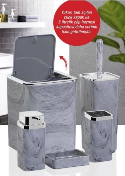 Okyanus Home Kromlu Kare Mermer Desenli 5'li Banyo Seti
