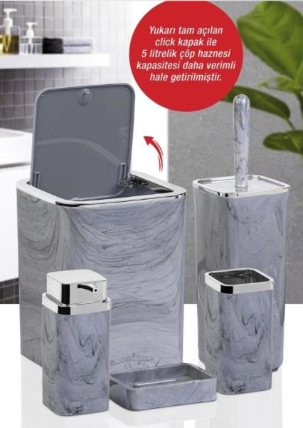 Okyanus Home Kromlu Kare Mermer Desenli 5'li Banyo Seti