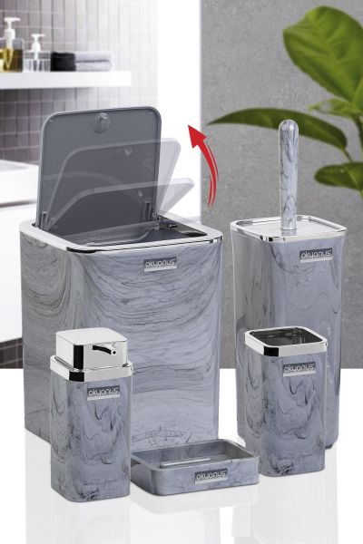 Okyanus Home Kromlu Kare Mermer Desenli 5'li Banyo Seti