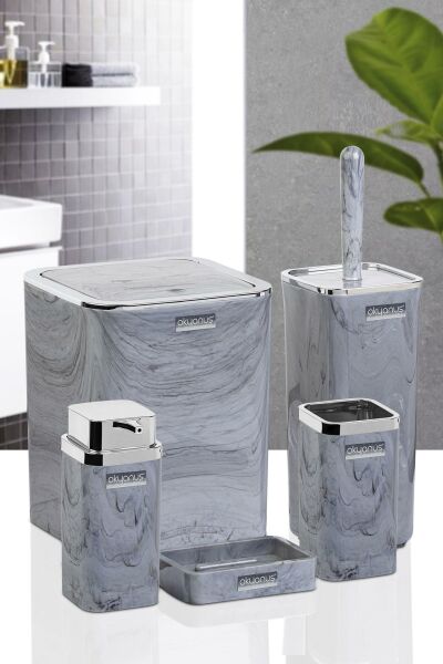Okyanus Home Kromlu Kare Mermer Desenli 5'li Banyo Seti