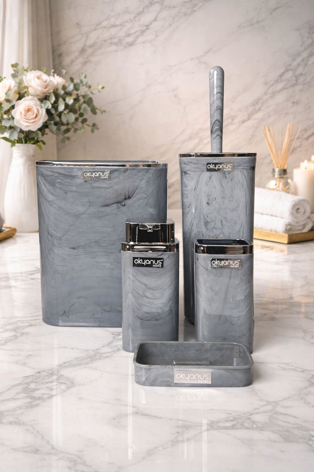 Okyanus Home Kromlu Kare Mermer Desenli 5'li Banyo Seti