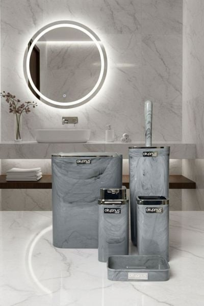 Okyanus Home Kromlu Kare Mermer Desenli 5'li Banyo Seti