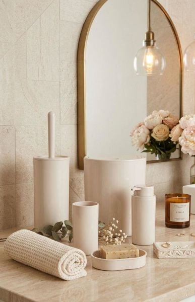 Okyanus Home Bej Yuvarlak 5'li Banyo Seti