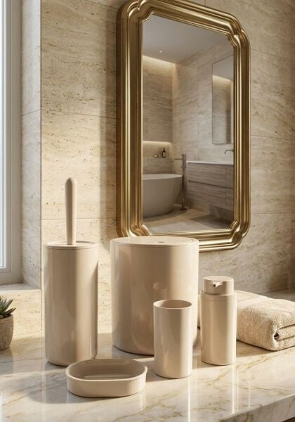 Okyanus Home Bej Yuvarlak 5'li Banyo Seti