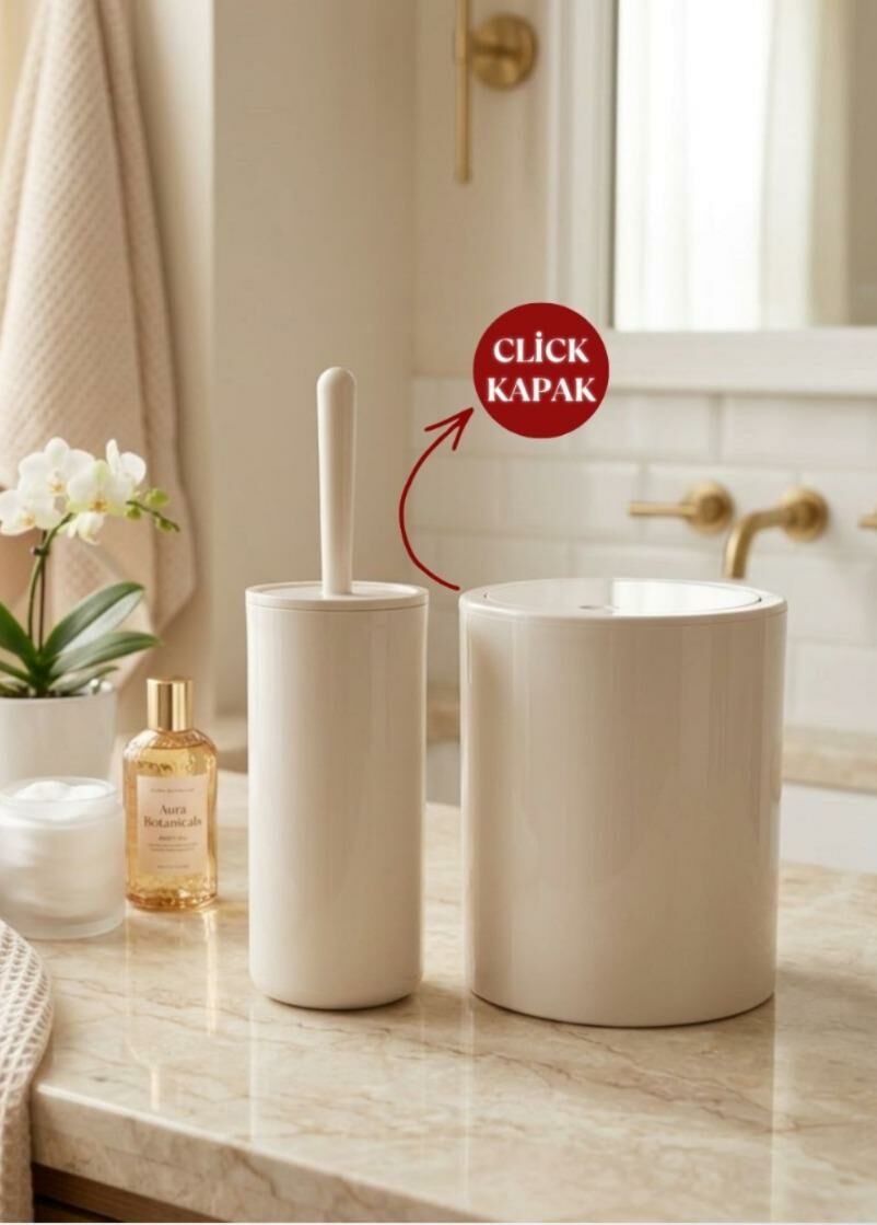 Okyanus Home Bej Click Kapak Yuvarlak 2'li Wc Kova ve Fırça Seti