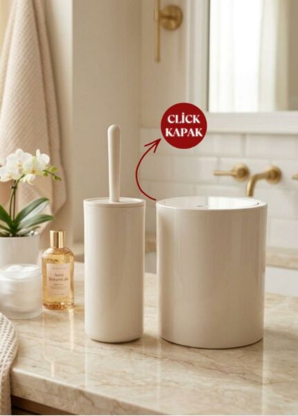 Okyanus Home Bej Click Kapak Yuvarlak 2'li Wc Kova ve Fırça Seti