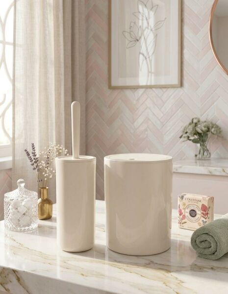 Okyanus Home Bej Click Kapak Yuvarlak 2'li Wc Kova ve Fırça Seti