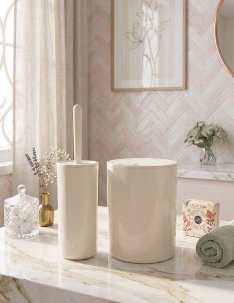 Okyanus Home Bej Click Kapak Yuvarlak 2'li Wc Kova ve Fırça Seti