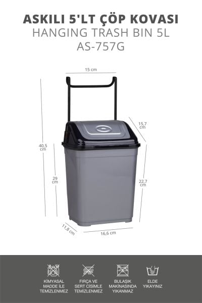 Okyanus Home Askılı Çöp Kovası Gri-Siyah 5L
