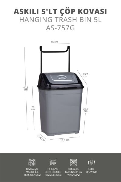 Okyanus Home Askılı Çöp Kovası Gri-Siyah 5L