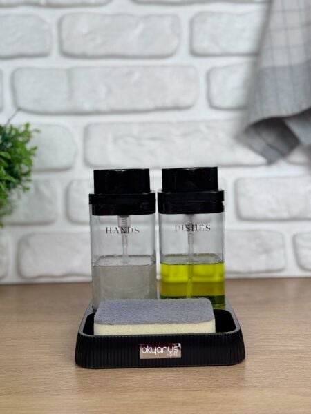 Okyanus Home Siyah Deluxe Kare Standlı Şeffaf Sıvı Sabunluk ve Deterjanlık